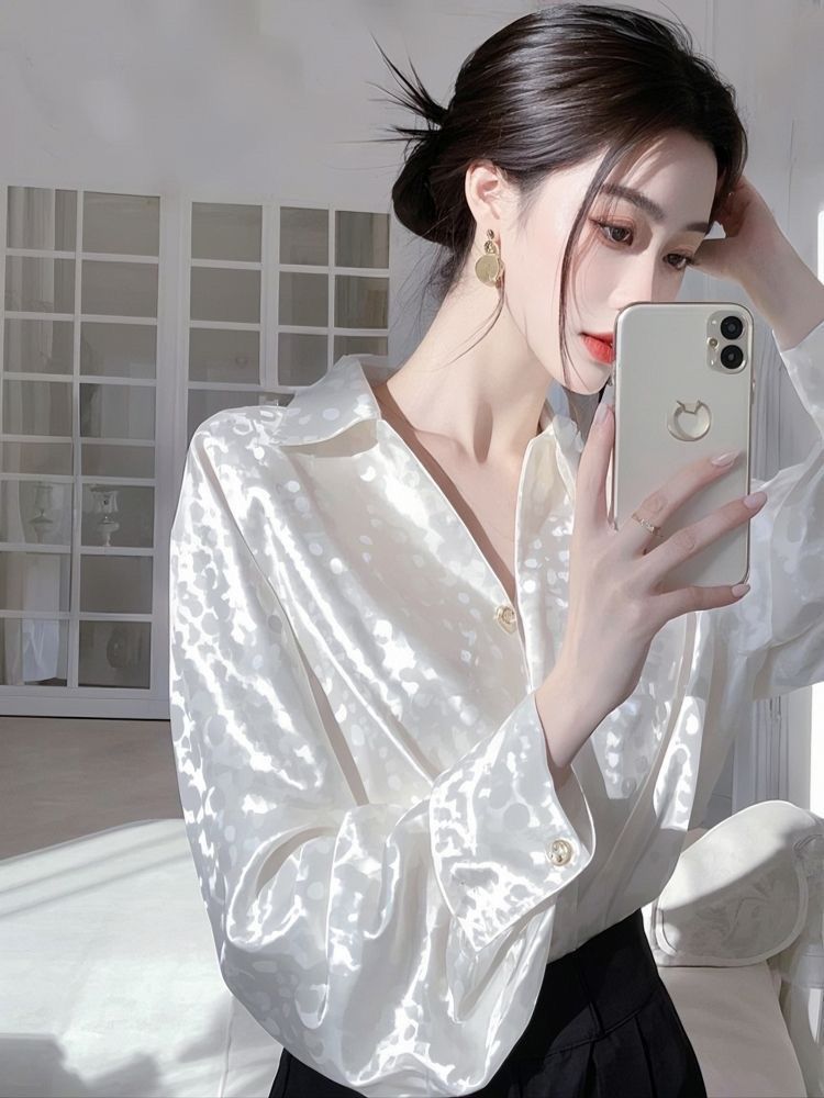 Womens White Long-Sleeve Satin Shirt Elegant Blouse