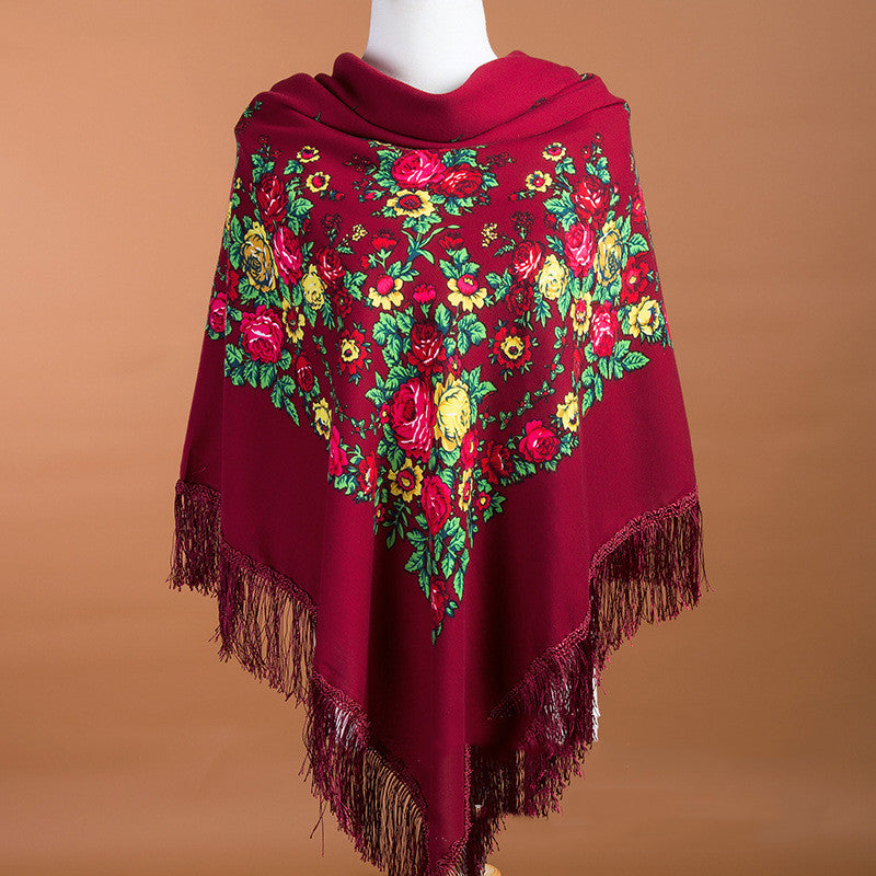 Large Square Scarf Shawl With Ethnic Print Tassels To Keep Warm