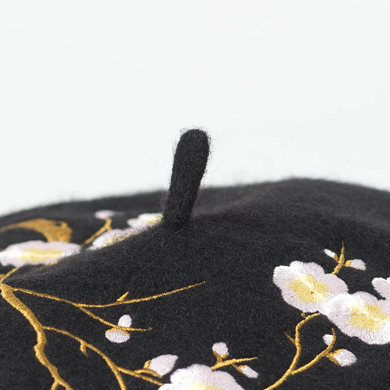 Plum Embroidery Wool Beret Painter