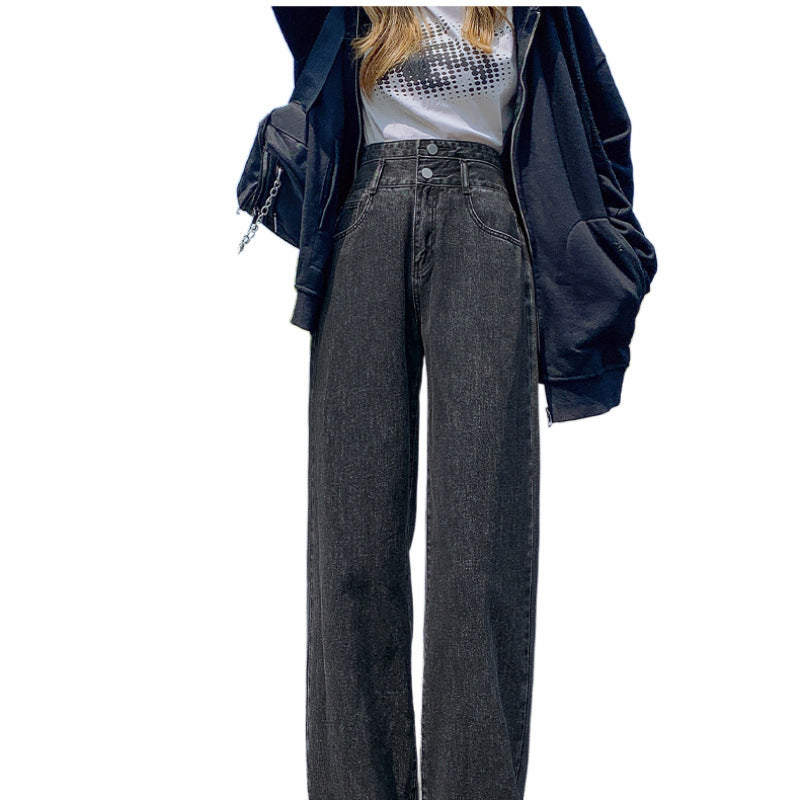 Women's High Waist Straight Loose Slimming Small Wide Leg Jeans