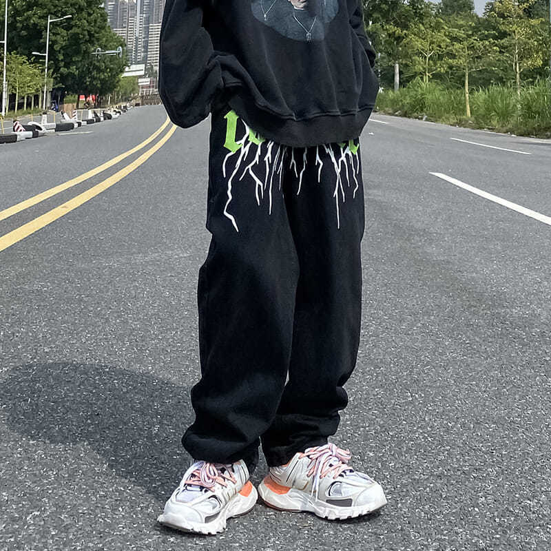 Dark American Street Lightning Print Black Jeans Straight Casual Loose Mop