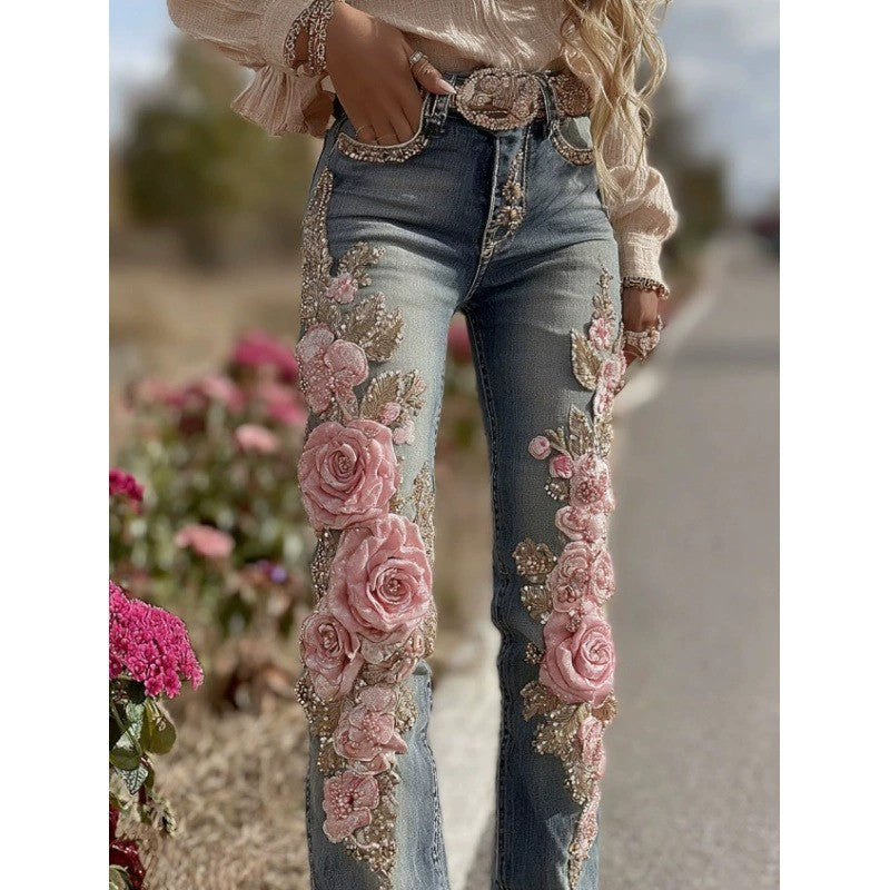 Womens Colorful Floral Faux Denim Pants