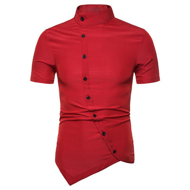 Men's Multi-button Solid Color Stand Collar Short Sleeve Shirt Summer