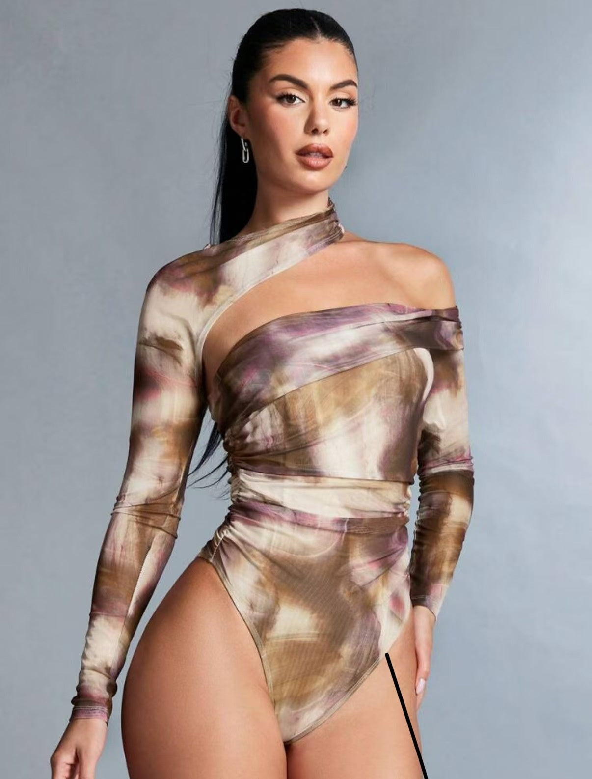 Long-sleeve Printed Sexy Off-shoulder Asymmetrical Halter Bodysuit