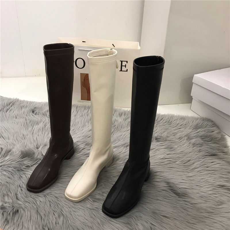 Autumn And Winter Plus Velvet Khaki High-top Knight Boots White Short Boots