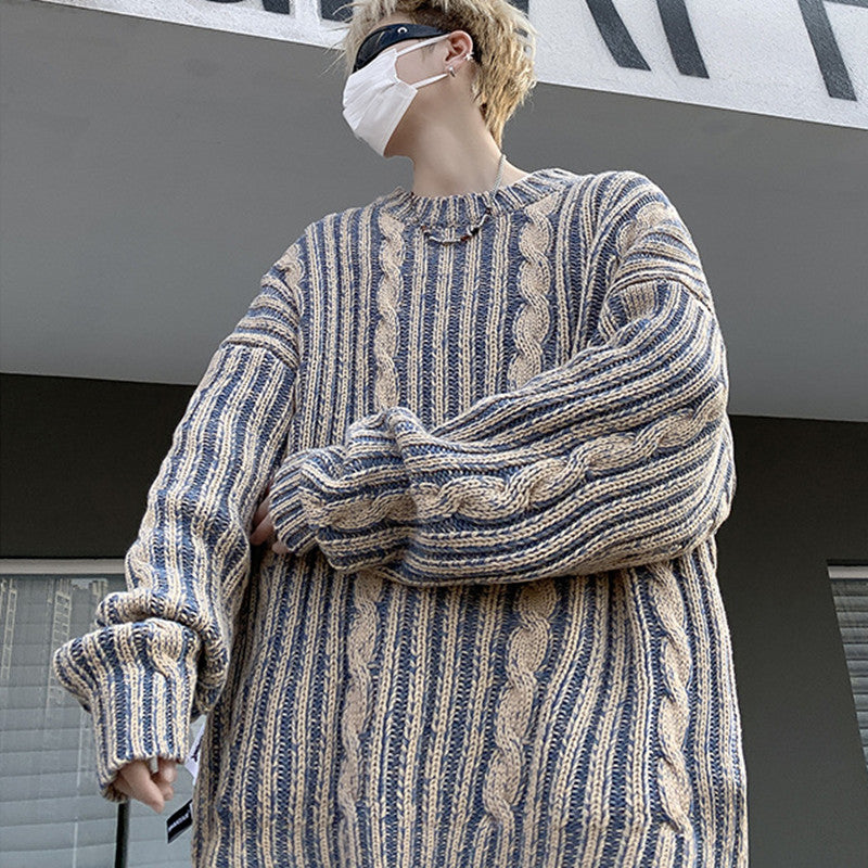 Striped Retro American Loose Round Neck Sweater
