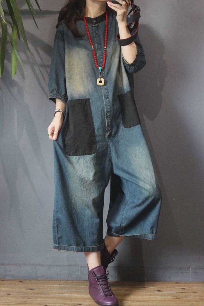 Retro Personality Plus Size Patch Large Pocket Jumpsuit