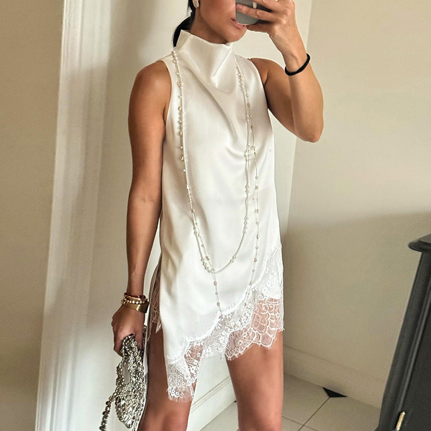 Fashionable Sexy Lace Halterneck Tank Top And Straight Skirt Short Skirt Set