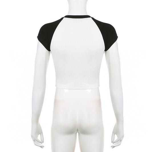 Black And White Contrast Color Slimming Versatile Short Sleeved Top