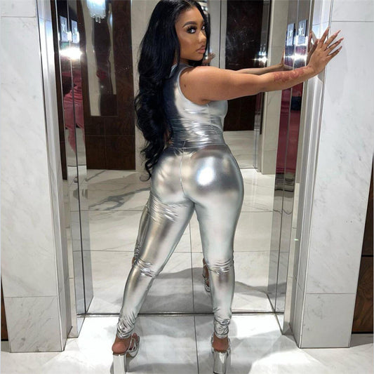 Shiny Faux Leather One Shoulder Top High Waist