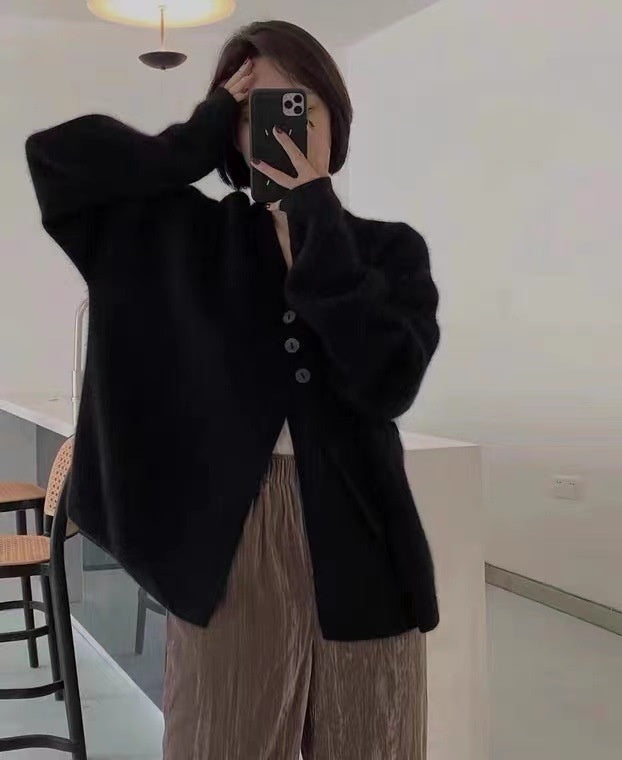 V-neck Diagonal Buckle Loose Knit Sweater Jacket
