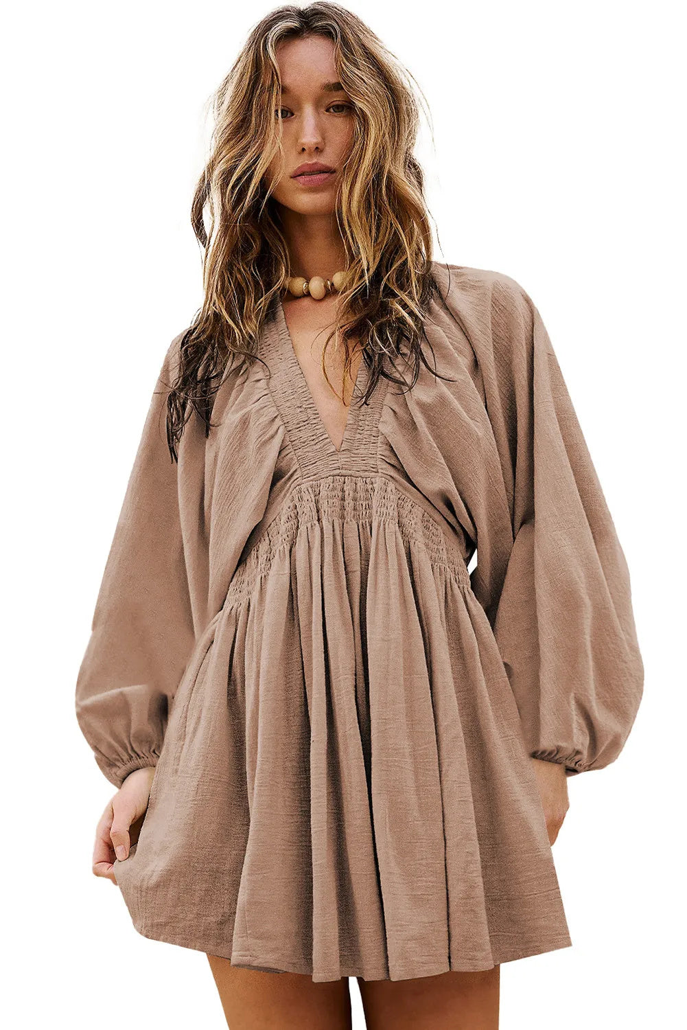 Smoke Gray Deep V Neck Bubble Sleeve Smocked Mini Dress