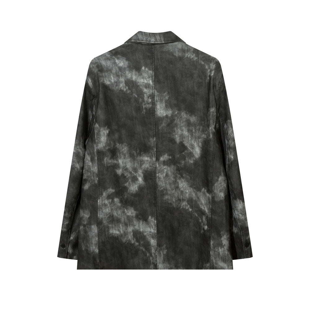 Men's Autumn Tie-dye Contrast Color Suit Collar PU Leather Jacket Coat