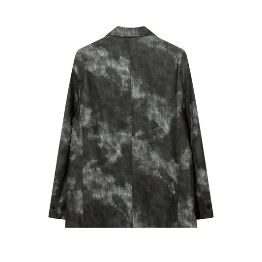 Men's Autumn Tie-dye Contrast Color Suit Collar PU Leather Jacket Coat