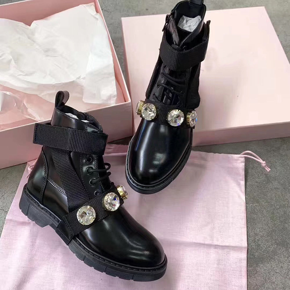 Women's Flat Rhinestone Martin Boots And Nude
