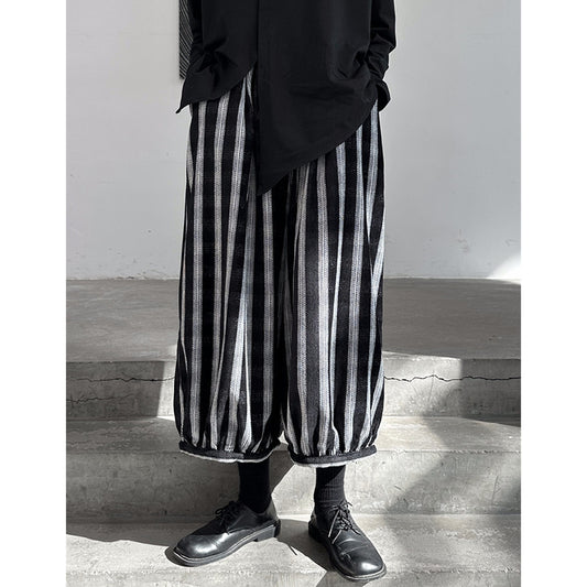 Elastic Waist Loose Stripe Dark Grid Contrast Lantern Wide Leg Casual Pants For Women