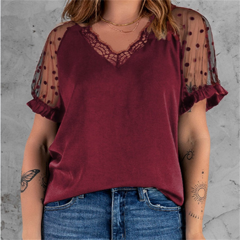 Summer New Lace Short-sleeved Solid Color Top European And American Ladies Slim V-neck Pullover T-shirt