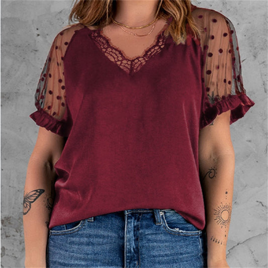 Summer New Lace Short-sleeved Solid Color Top European And American Ladies Slim V-neck Pullover T-shirt