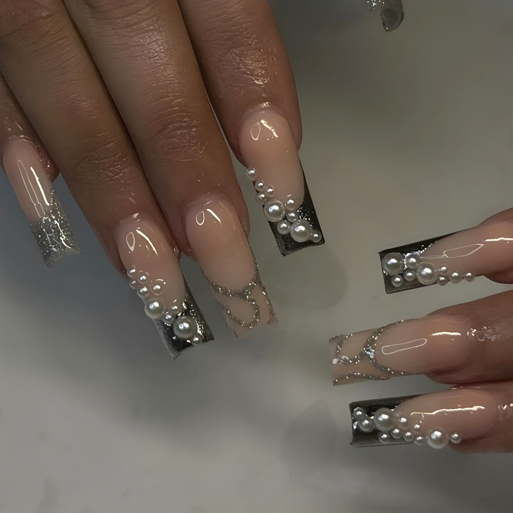 Super Long Pearl Glitter Black Silver French Manicure