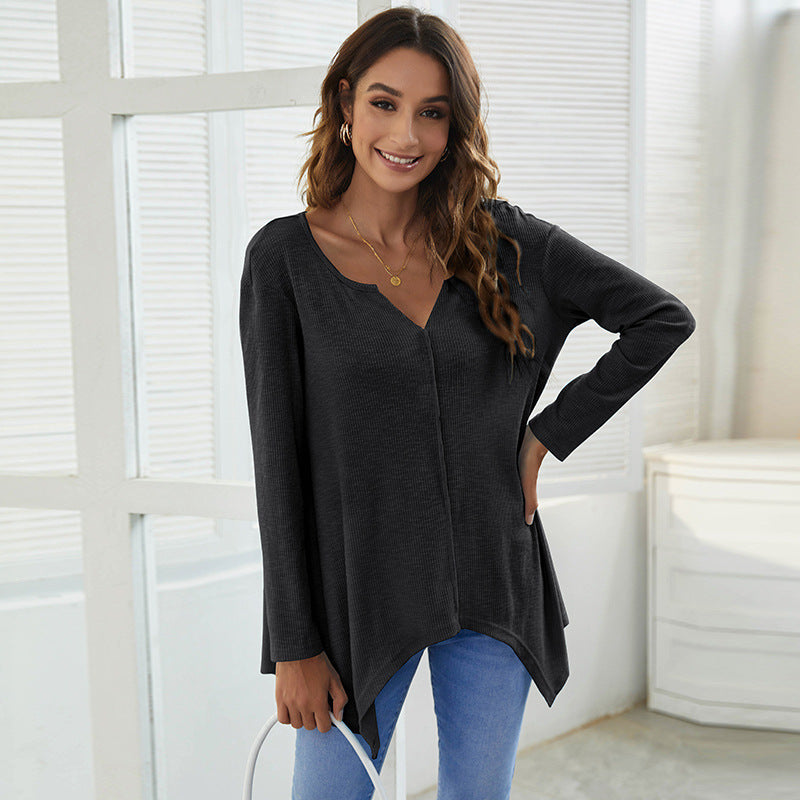 V-neck Irregular Casual Slub Cotton European And American T-shirt Women