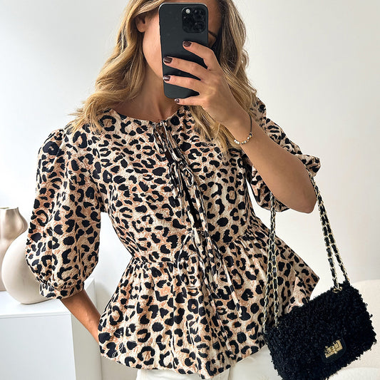 Women's Design Lace-up Bubble Sleeve Printed Blouse