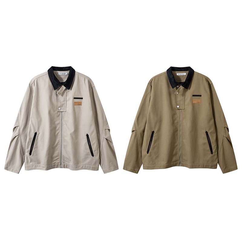 Vintage Crumpled Letters Polo Collar Jacket Men's Clothing Baggy Coat