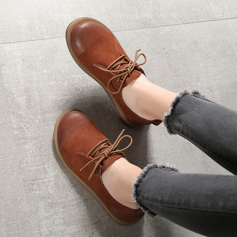 Flat Round Toe Literary Retro Lace Up Leather Shoes
