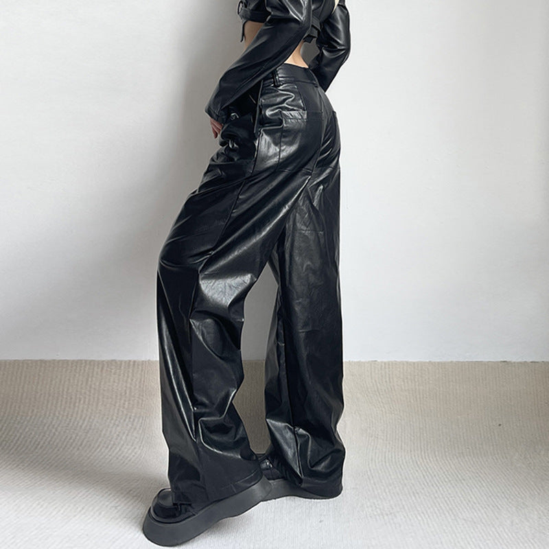 Women's Straight Low Waist Loose Casual Leather Pants