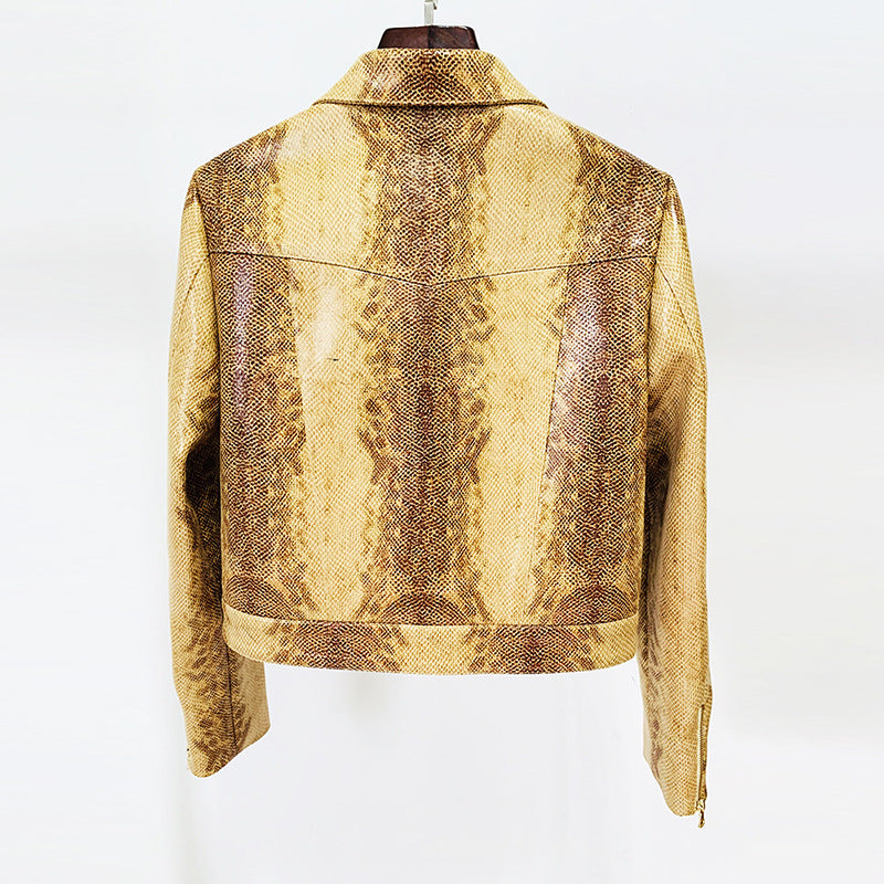 Fashion Snake-print Leather Jacket Coat Flared Pants