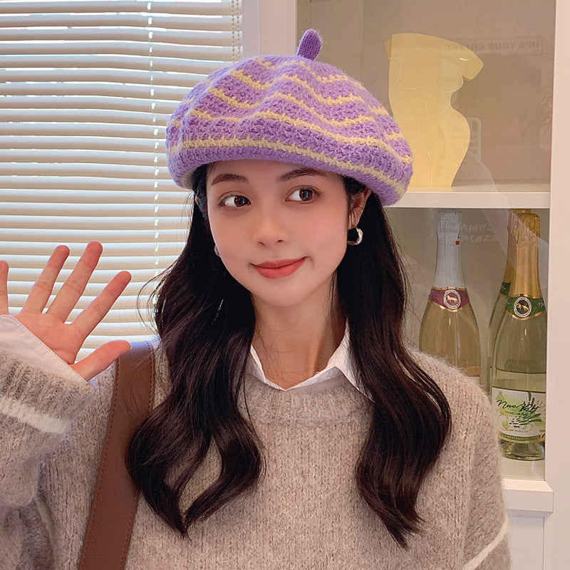 New Women's All-match Knitted Wool Striped Beret To Keep Warm