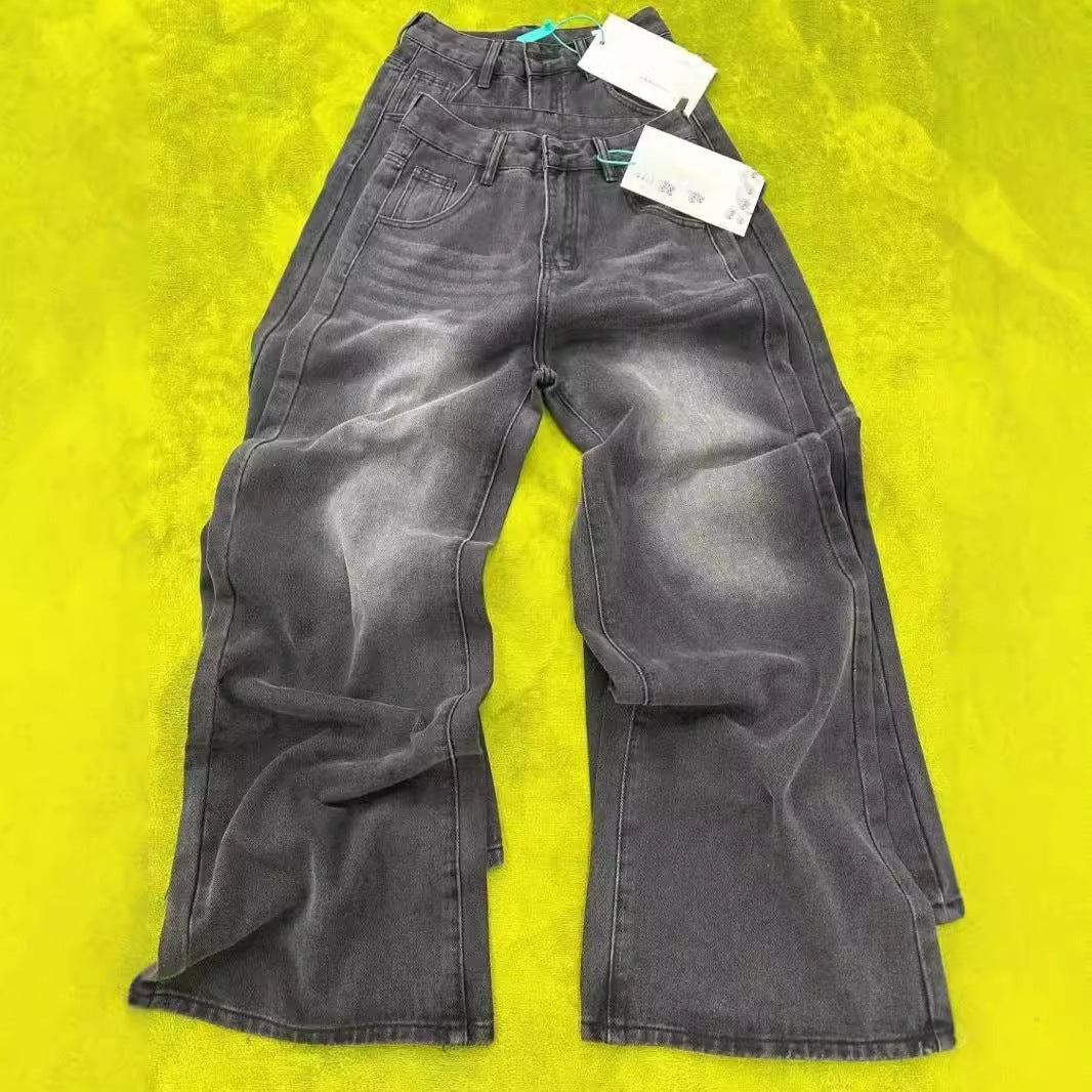 Washed Jeans Plus Size High Waist Loose Straight Wide Leg Pants