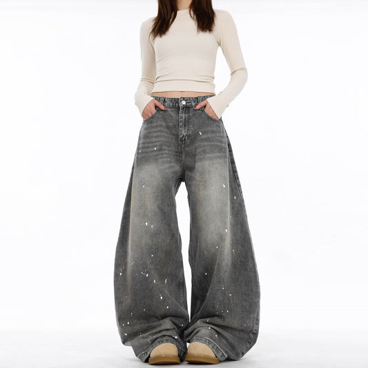 Retro Washed Distressed Splash-ink Machete Jeans For Women