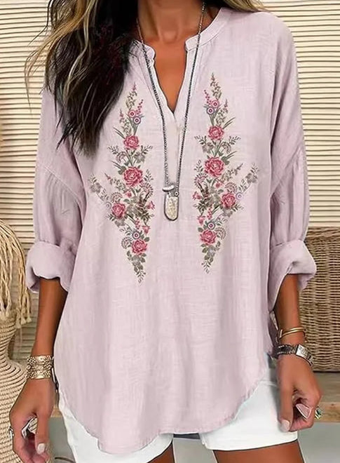 Women's Floral Print Linen Blend Loose Blouse