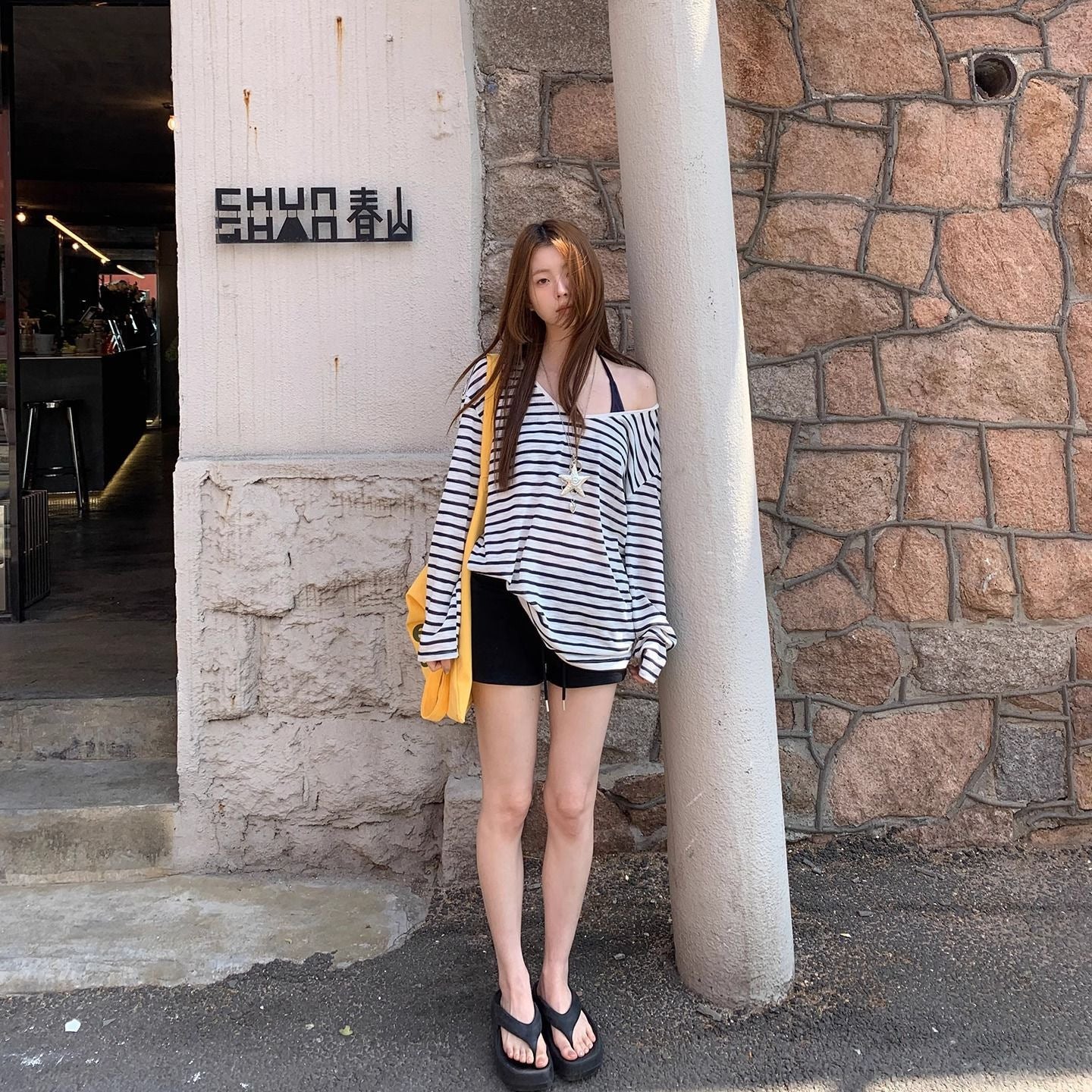 Womens Sun-Protective Blouse Summer Outfit Long-Sleeve T-Shirt Womens Loose Striped Off-Shoulder Top