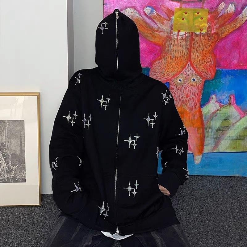 Løs XINGX Rhinestone Hættetrøje med Lynlås