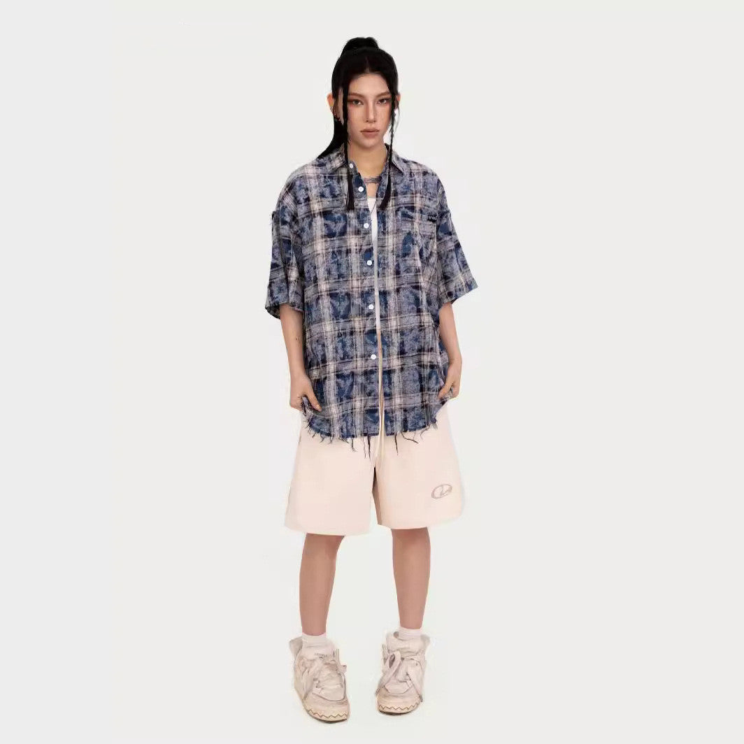American Tie-dye Short Sleeve Plaid Shirt Design Sense