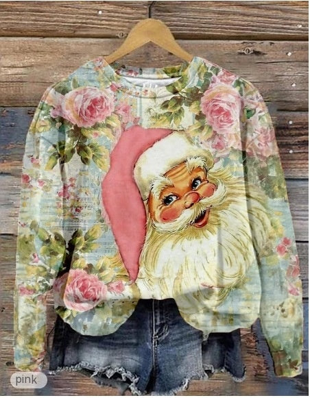 Round Neck Long Sleeve Sweater Plus Size Christmas Print
