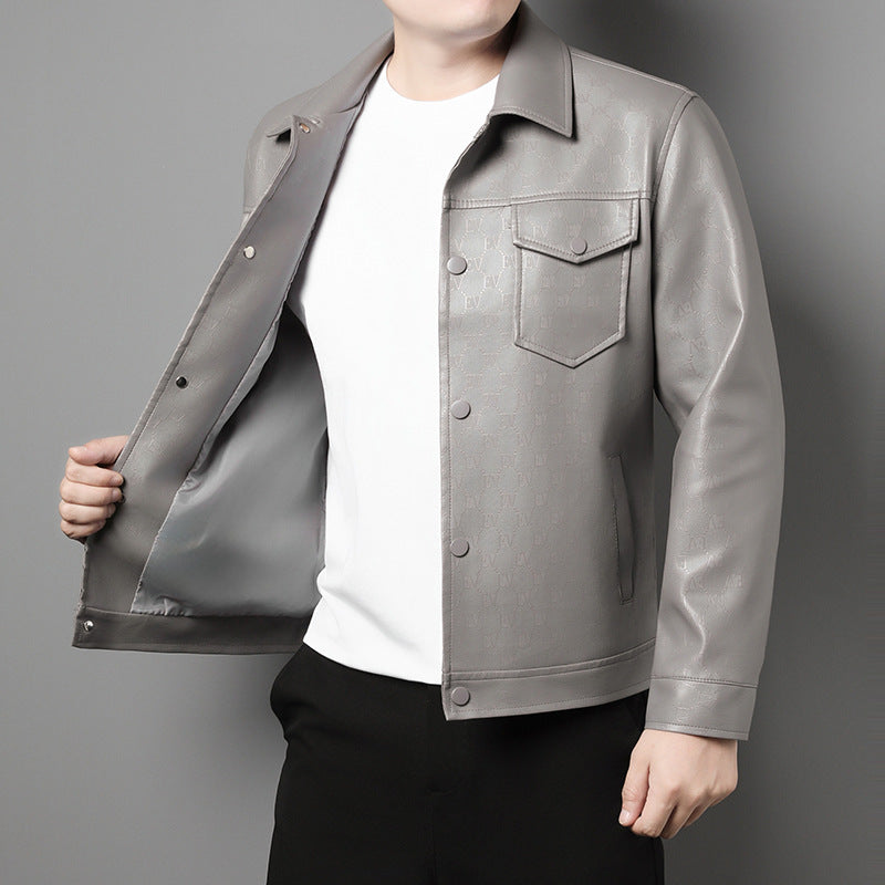 Men's Lapel Trend Lightweight Printed Leather Jacket