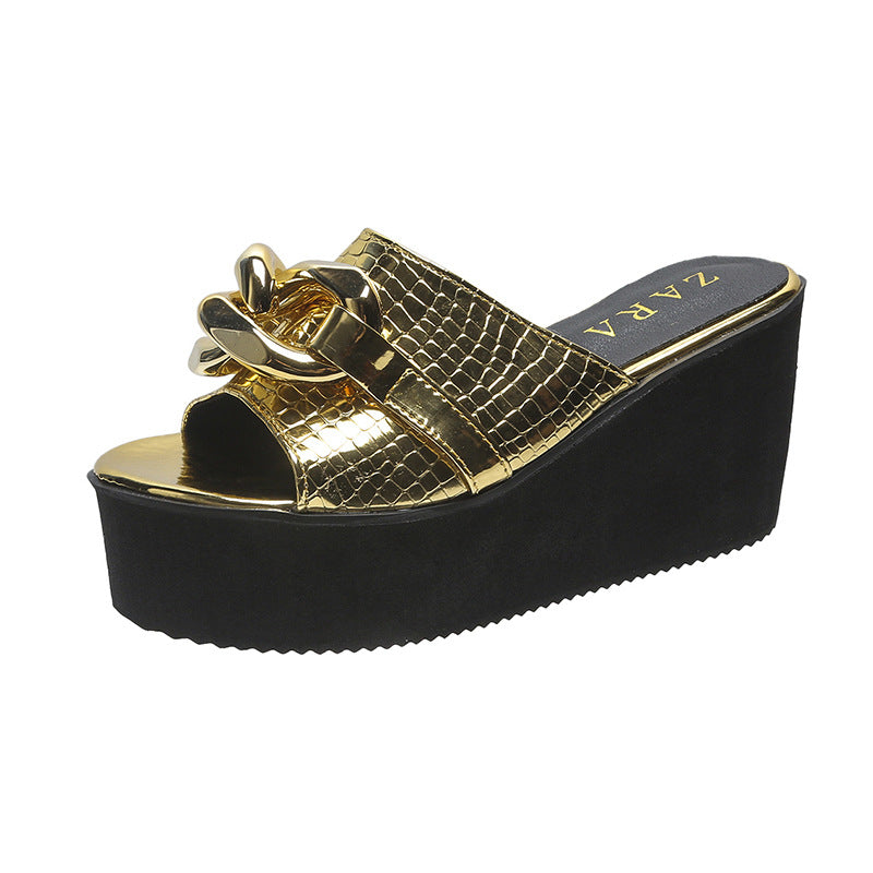 Women's Platform Platform Sandals And Slippers With Wedge Heel And Golden Chain