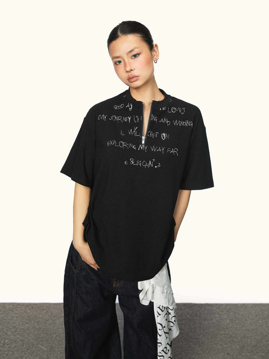 Men's And Women's Same Style American Letter Print Half Zipper Short Sleeve
