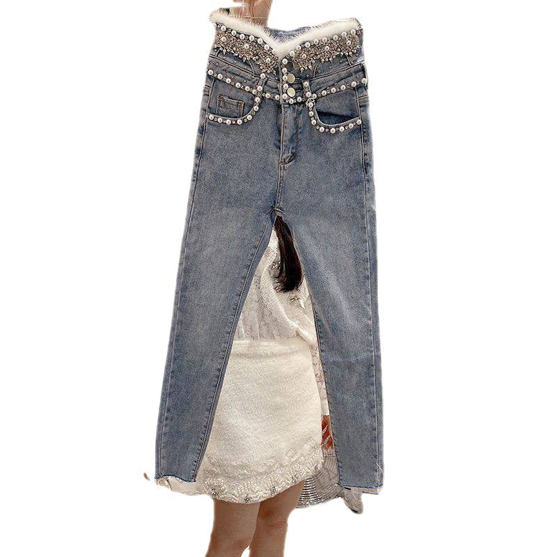 High Rise Single Breasted Jeans With Beads And Wool Stitching