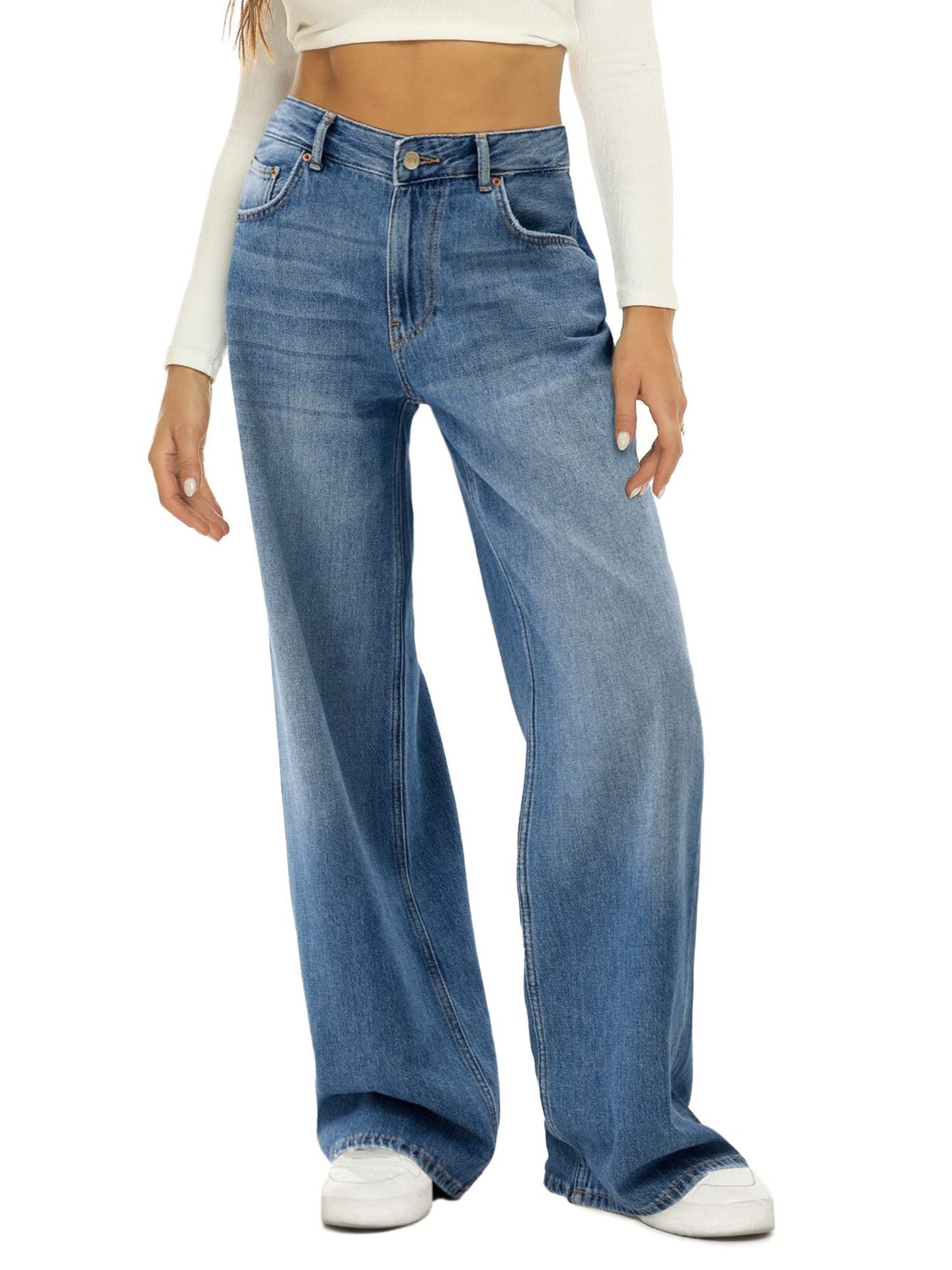 Dame Løse Jeans med Brede Ben Ensfarvede Afslappede Alsidige Denim Bukser
