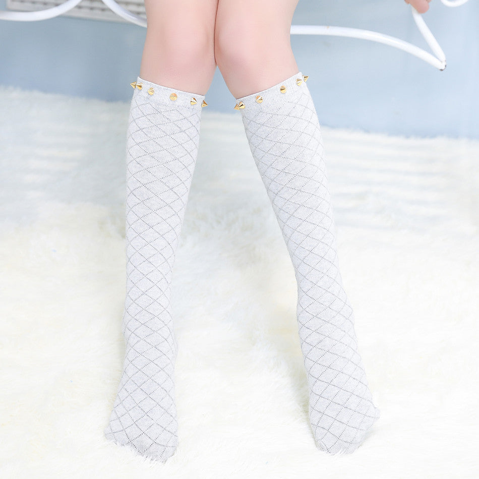 New Rivet Diamond Mesh Combed Cotton Socks For Girls