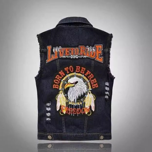 Black Denim Vest Men's Waistcoat Waistcoat Large Size Ripped Vest