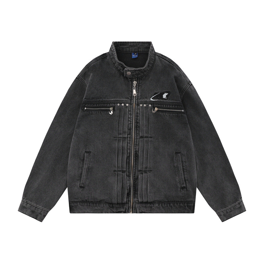 Washed And Worn Zipper Pocket Denim Jacket