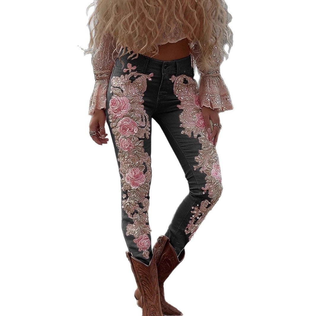 Womens Colorful Floral Faux Denim Pants