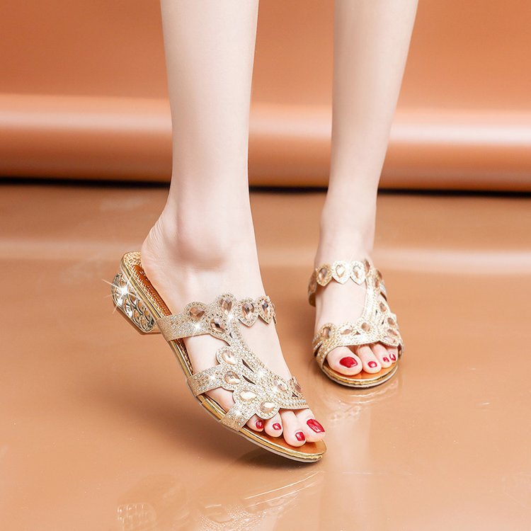Women's Fashionable All-match Low Heel Rhinestone Outdoor Slippers