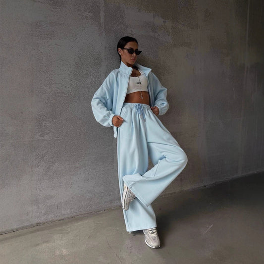 Casual Sports Suit Cardigan Wide Leg Sweatpants For Women