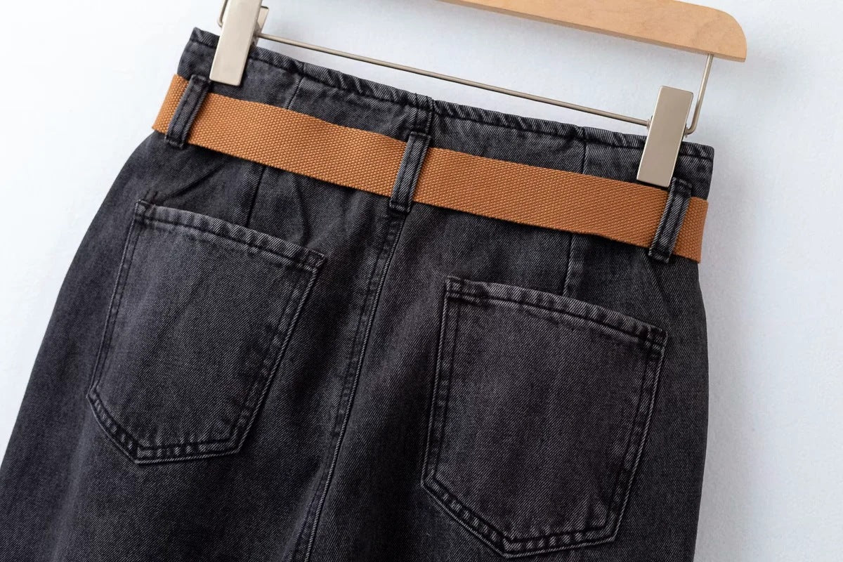 Ladies Polyester Denim Daddy Pants With Belt