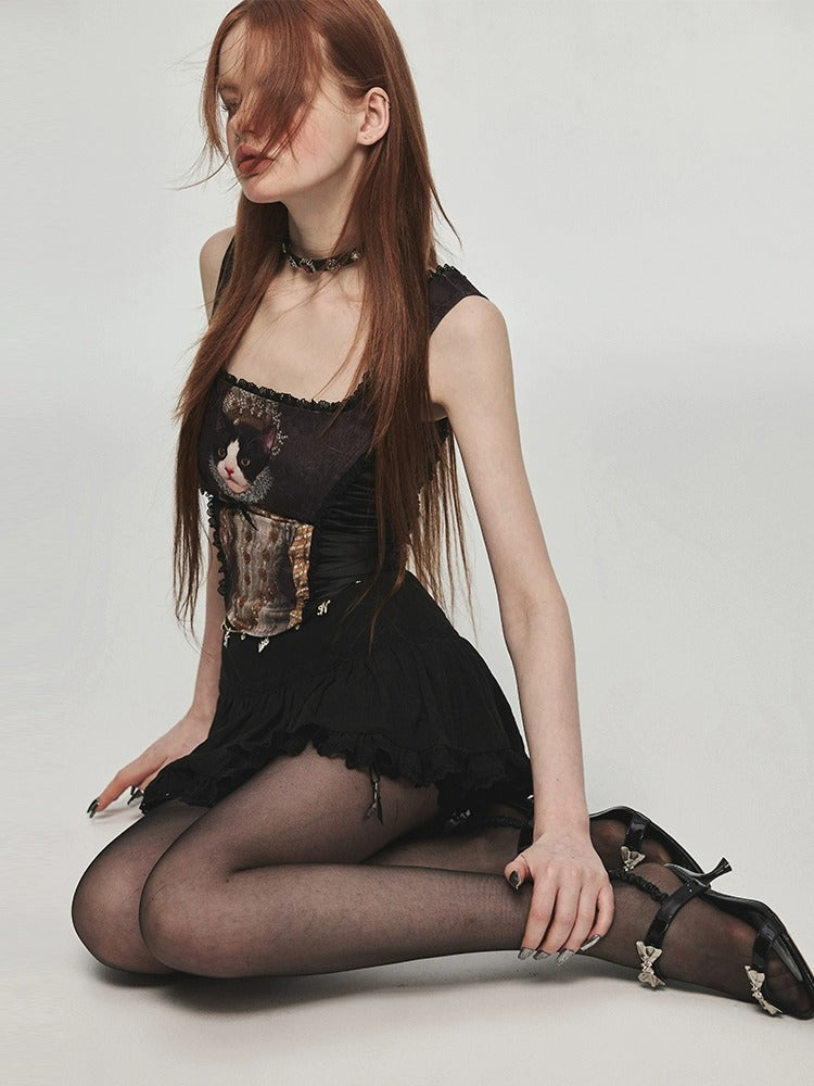 Straight Neck Waistband Bra With Hot Drill And Full Print Cat Camisole